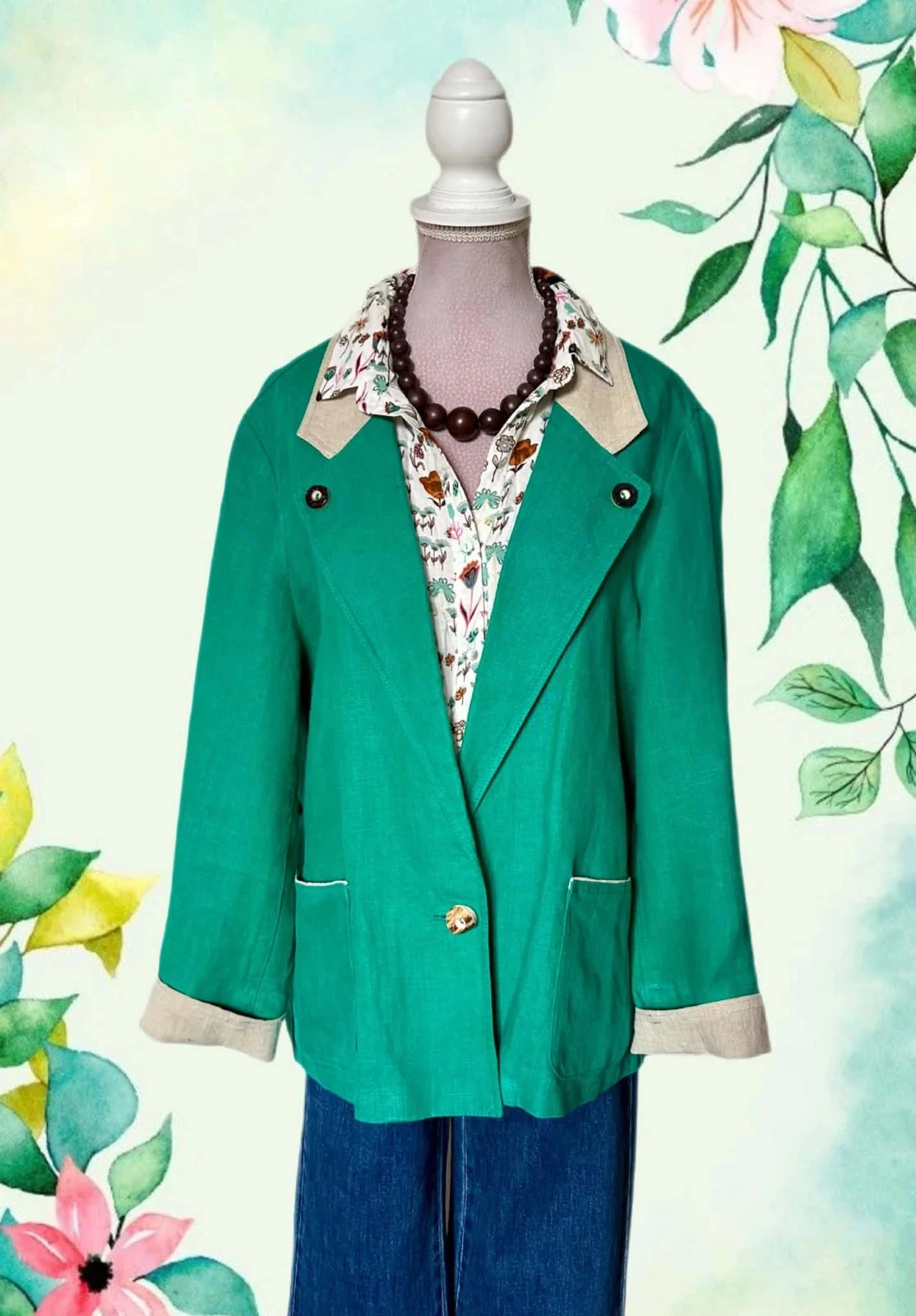 🦚Blazer 100% linnen emeraldgroen vintage 80s90s cottagecore Oostenrijkse smaragd linnen retro jas 36/38🌿 – photo 3